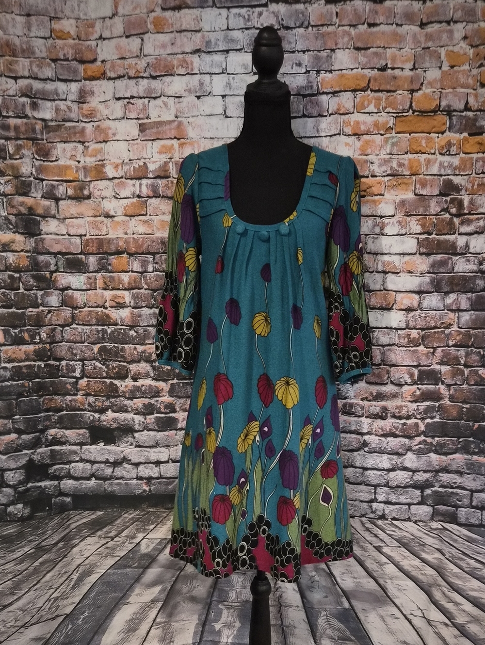 Funky People Vintage Retro Teal Floral Scoop-Neck Sweater Dress